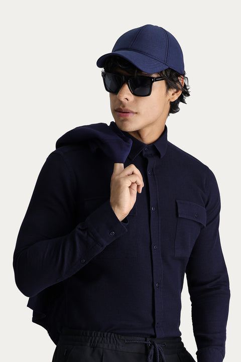 Dark Navy Long Sleeve Slim Fit Cotton Sports Shirt