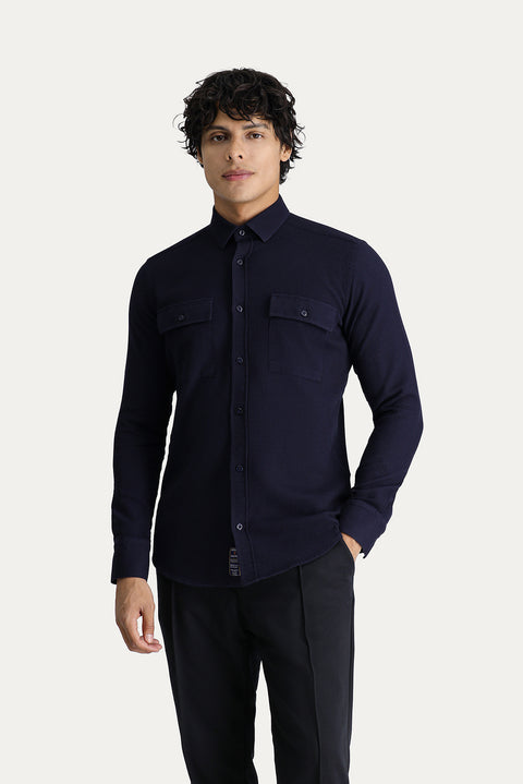 Dark Navy Long Sleeve Slim Fit Cotton Sports Shirt