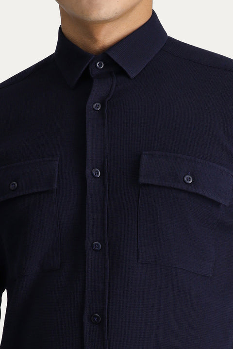 Dark Navy Long Sleeve Slim Fit Cotton Sports Shirt