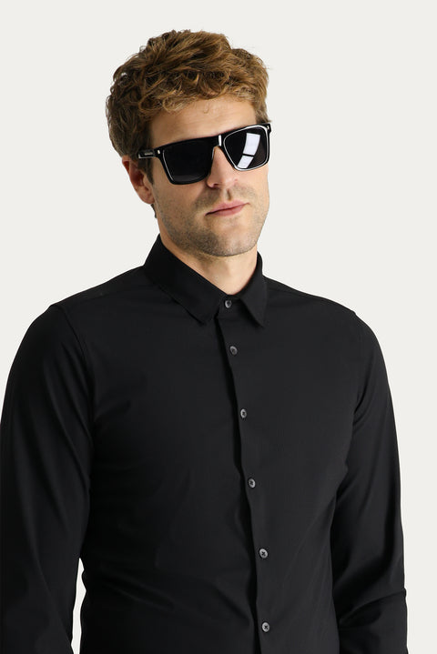 Siyah Techno-Line Uzun Kol Slim Fit Dar Kesim Gömlek