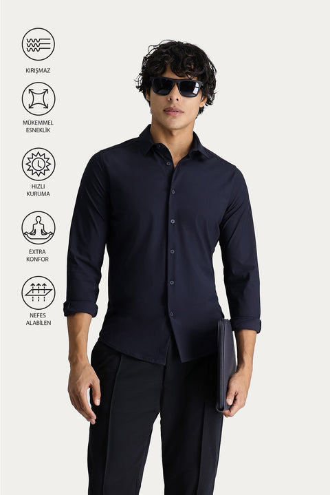 Koyu Lacivert Techno-Line Uzun Kol Slim Fit Dar Kesim Gömlek