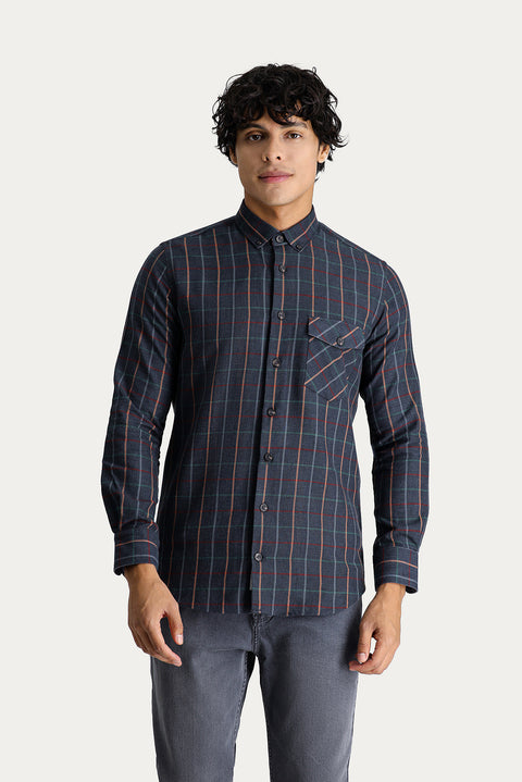 Military Khaki Long Sleeve Slim Fit Narrow Cut Plaid Lumberjack Sport Cotton Button-Down Shirt