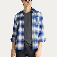 Indigo Long Sleeve Slim Fit Narrow Cut Plaid Lumberjack Cotton Shirt