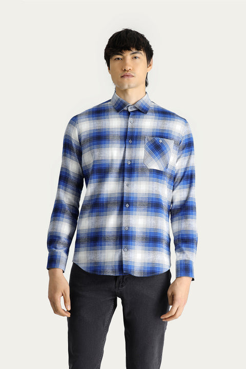 Indigo Long Sleeve Slim Fit Narrow Cut Plaid Lumberjack Cotton Shirt