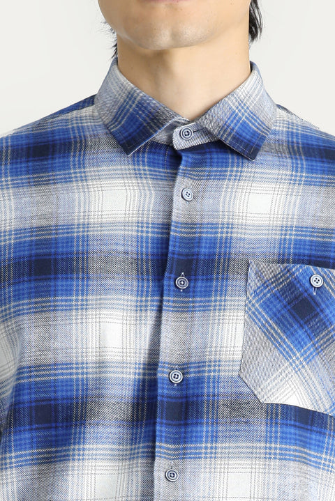 Indigo Long Sleeve Slim Fit Narrow Cut Plaid Lumberjack Cotton Shirt