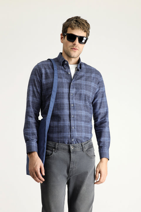 Aviator Blue Long Sleeve Slim Fit Narrow Cut Lumberjack Plaid Cotton Easy-Iron Shirt