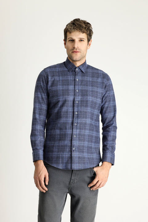 Aviator Blue Long Sleeve Slim Fit Narrow Cut Lumberjack Plaid Cotton Easy-Iron Shirt