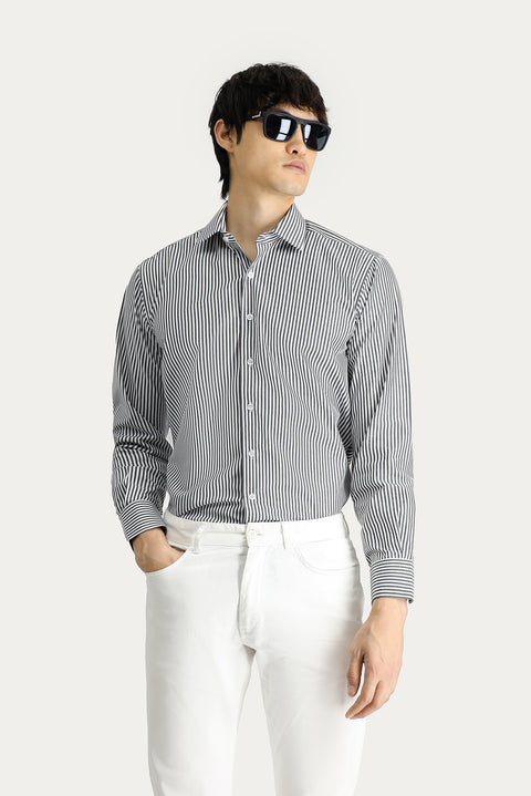 Black Long-Sleeve Classic Striped Cotton Shirt
