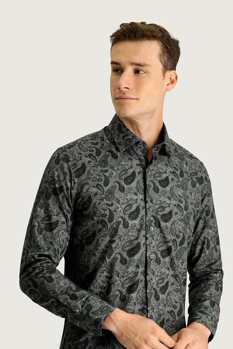 Orta Antrasit Uzun Kol Slim Fit Dar Kesim Baskılı Pamuk Spor Gömlek