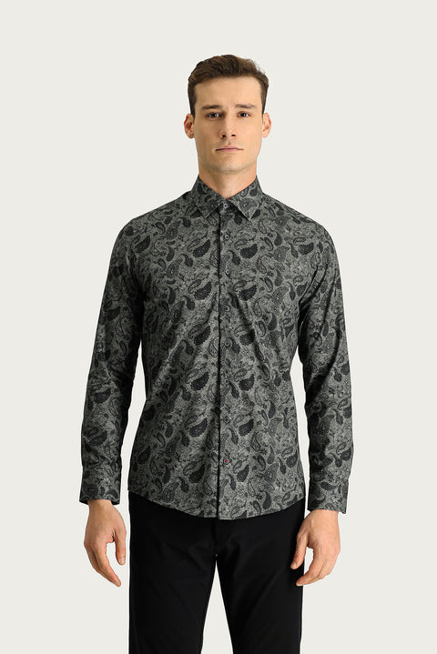 Orta Antrasit Uzun Kol Slim Fit Dar Kesim Baskılı Pamuk Spor Gömlek