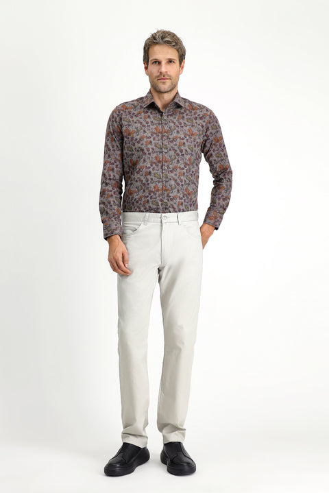 Dark Gray Long Sleeve Slim Fit Printed Cotton Shirt, Easy Iron