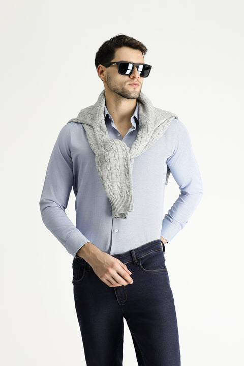 Mavi Uzun Kol Slim Fit Dar Kesim Baskılı Pamuklu Kolay Ütülenebilir Gömlek