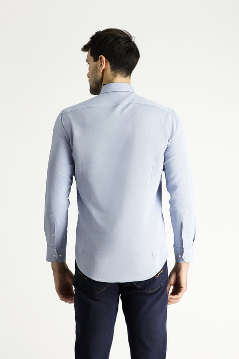 Mavi Uzun Kol Slim Fit Dar Kesim Baskılı Pamuklu Kolay Ütülenebilir Gömlek
