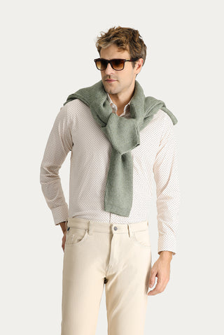Açık Bej Uzun Kol Slim Fit Dar Kesim Baskılı Pamuklu Gömlek