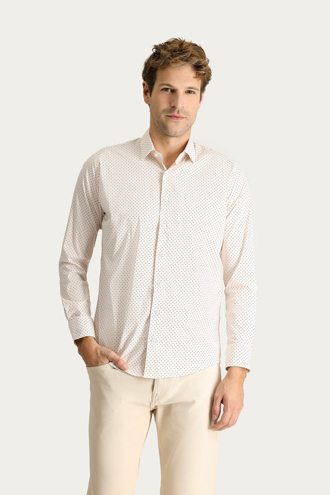 Açık Bej Uzun Kol Slim Fit Dar Kesim Baskılı Pamuklu Gömlek