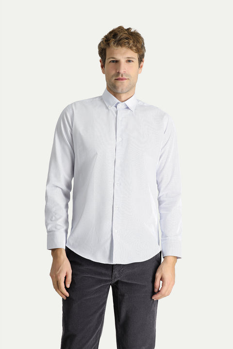 White Long Sleeve Slim Fit Narrow Cut Non-Iron Striped Cotton Shirt
