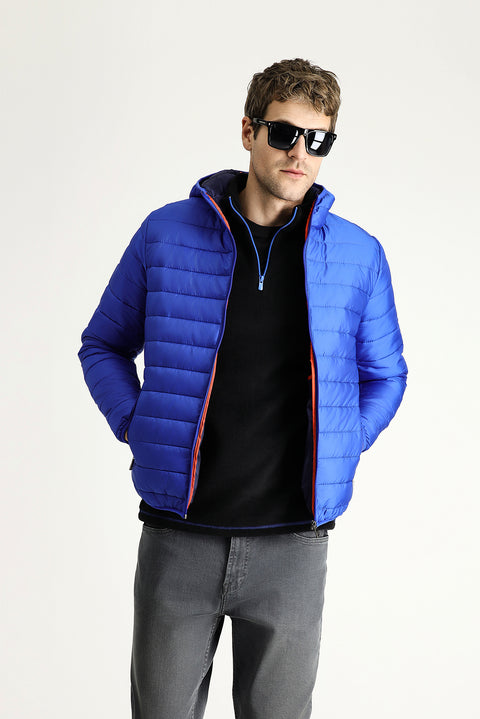 Navy Blue Hooded Quilted Sport Jacket