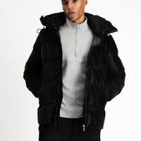 Black Hooded Puffer Jacket with Leather Look