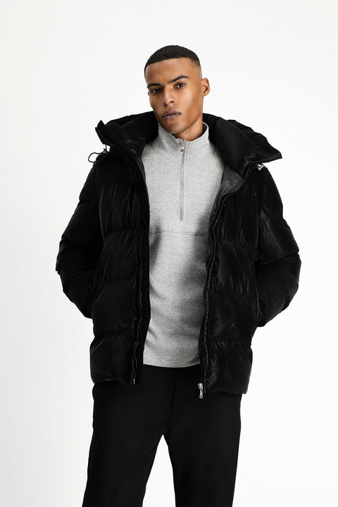 Black Hooded Puffer Jacket with Leather Look