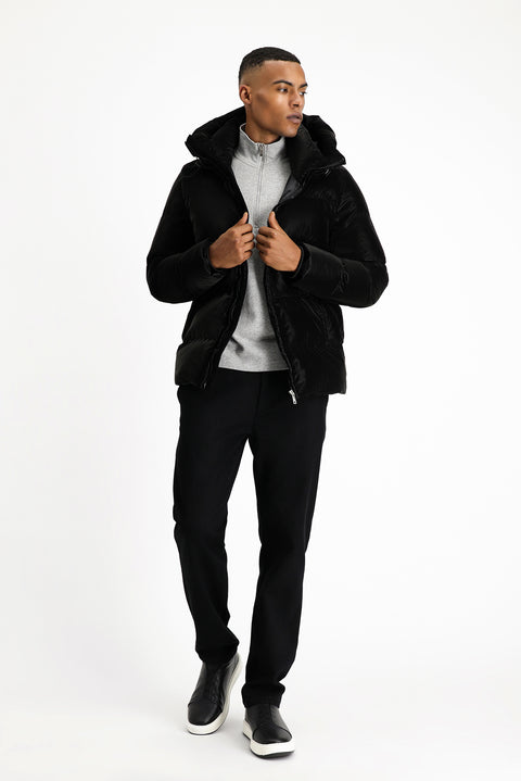 Black Hooded Puffer Jacket with Leather Look