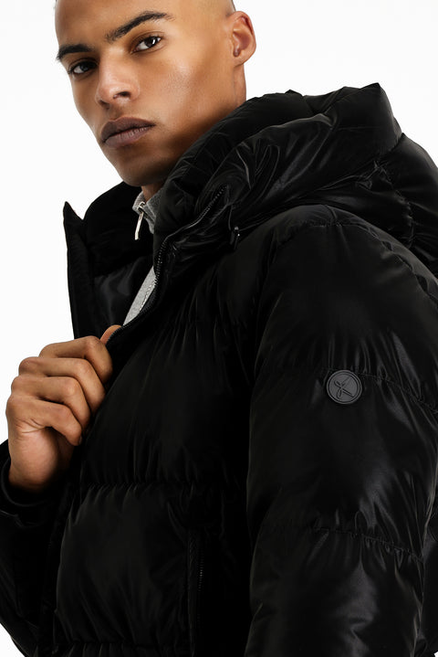 Black Hooded Puffer Jacket with Leather Look