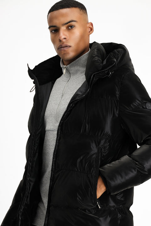 Black Hooded Puffer Jacket with Leather Look