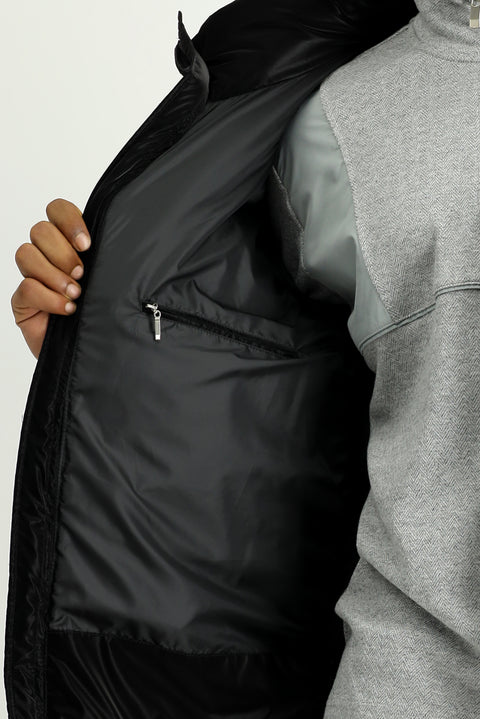 Black Hooded Puffer Jacket with Leather Look