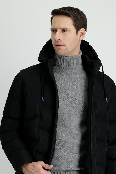 Black Hooded Sports Puffer Jacket