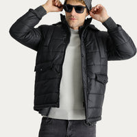 Black Hooded Sports Puffer Jacket