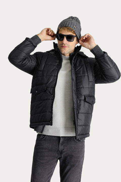 Black Hooded Sports Puffer Jacket