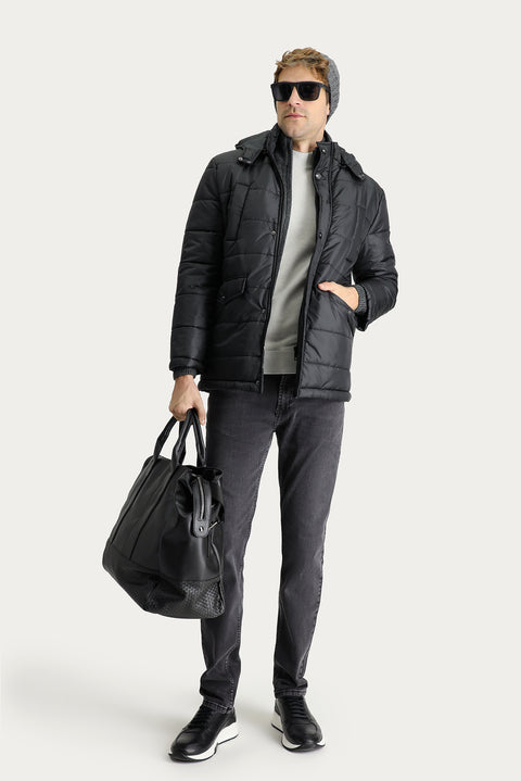 Black Hooded Sports Puffer Jacket