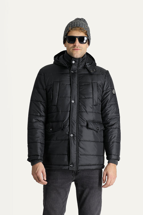 Black Hooded Sports Puffer Jacket