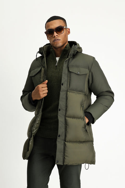 Medium Khaki Hooded Sports Puffer Jacket