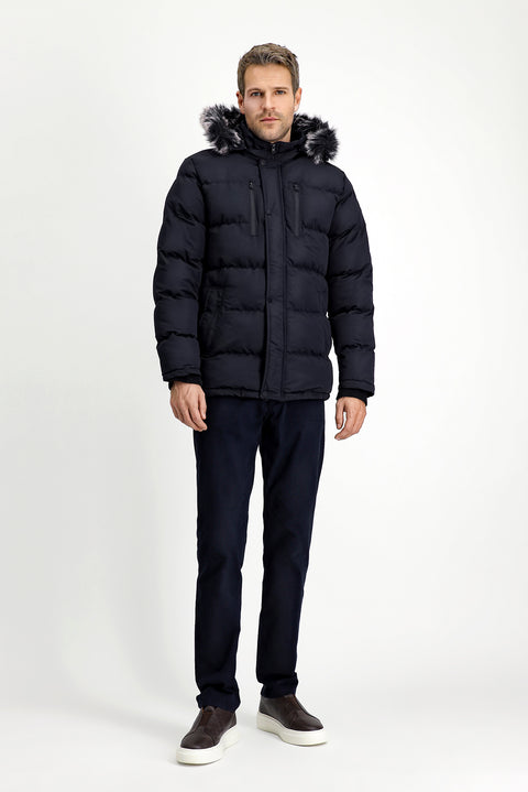 Dark Navy Fur-Lined Hooded Sport Puffer Jacket