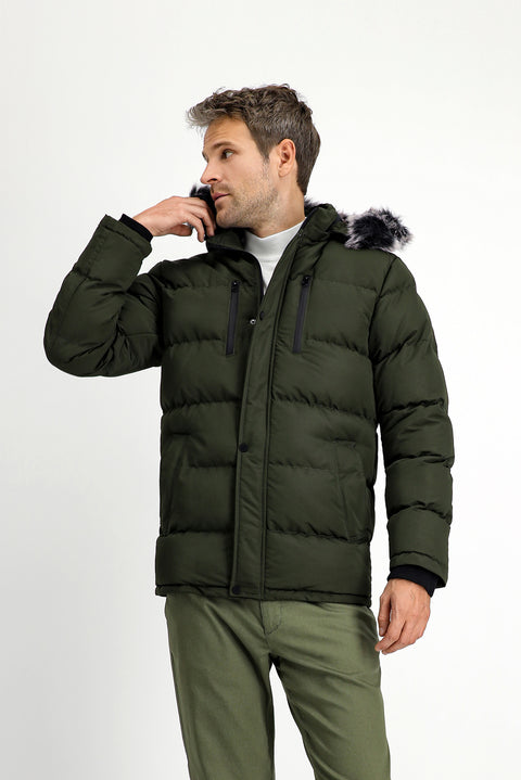 Dark Khaki Fur-Lined Hooded Sport Puffer Jacket