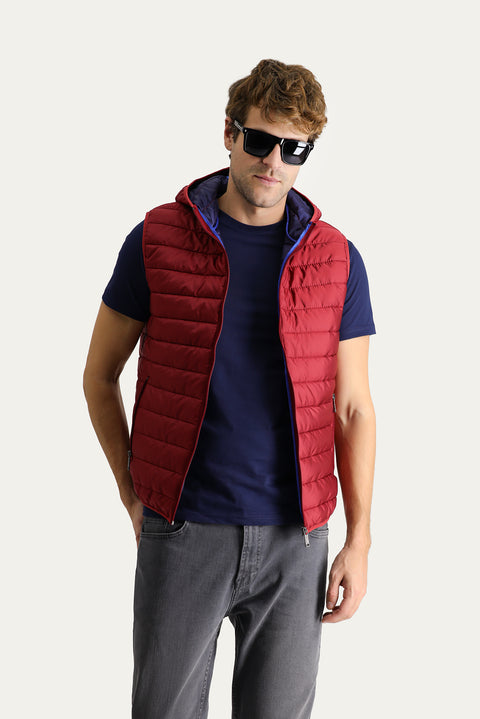 Dark Red Hooded Quilted Sports Vest