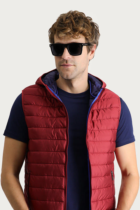 Dark Red Hooded Quilted Sports Vest