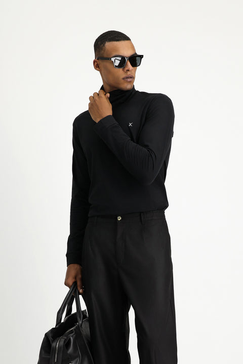 Black Turtleneck Slim Fit Cotton Sweatshirt