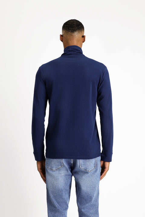 Koyu Lacivert Balıkçı Yaka Slim Fit Dar Kesim Pamuklu Sweatshirt