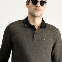 Medium Brown Polo Collar Regular Fit Patterned Embroidered Sweatshirt