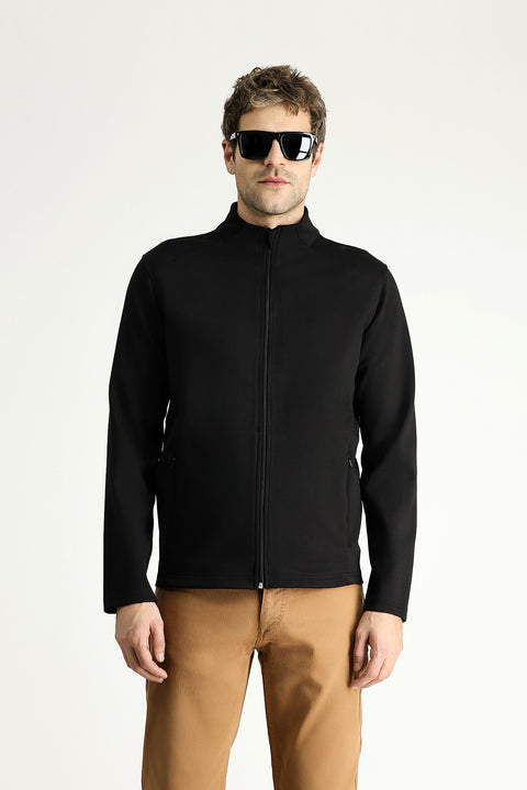 Siyah Slim Fit Dar Kesim Fermuarlı Sweatshirt