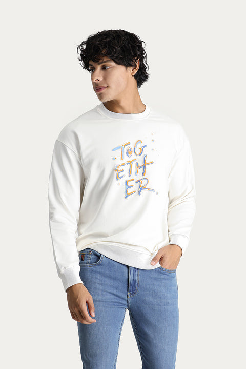 Off-white Crew Neck Printed Oversize Cotton Sweatshirt