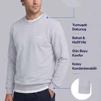 Light Blue Crew Neck Regular Fit Embroidered Basic Thin Sweatshirt