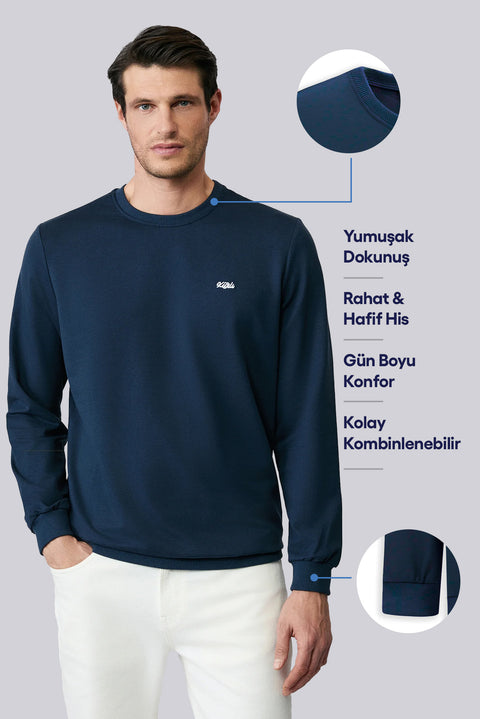 İndigo Bisiklet Yaka Regular Fit Nakışlı Basic İnce Sweatshirt