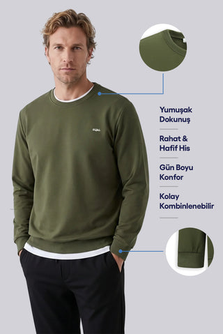 Orta Haki Bisiklet Yaka Regular Fit Nakışlı Basic İnce Sweatshirt