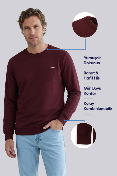 Koyu Bordo Bisiklet Yaka Regular Fit Nakışlı Basic İnce Sweatshirt