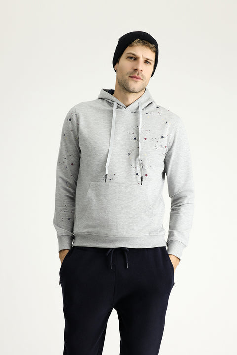 Light Grey Melange Slim Fit Narrow Cut Hooded Printed Cotton Sweatshirt
