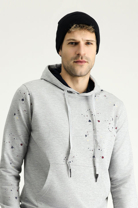 Light Grey Melange Slim Fit Narrow Cut Hooded Printed Cotton Sweatshirt