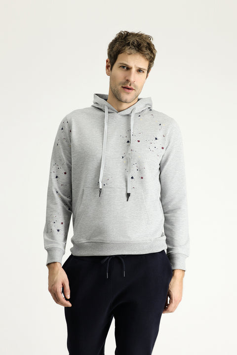 Light Grey Melange Slim Fit Narrow Cut Hooded Printed Cotton Sweatshirt