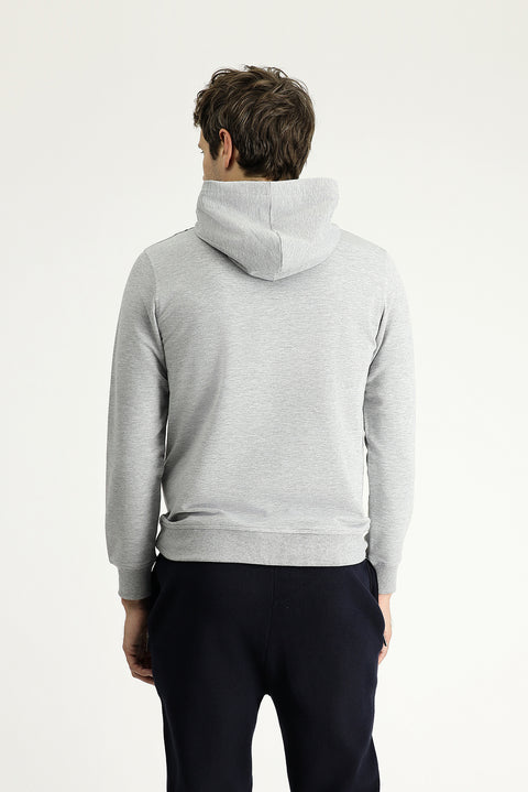 Light Grey Melange Slim Fit Narrow Cut Hooded Printed Cotton Sweatshirt